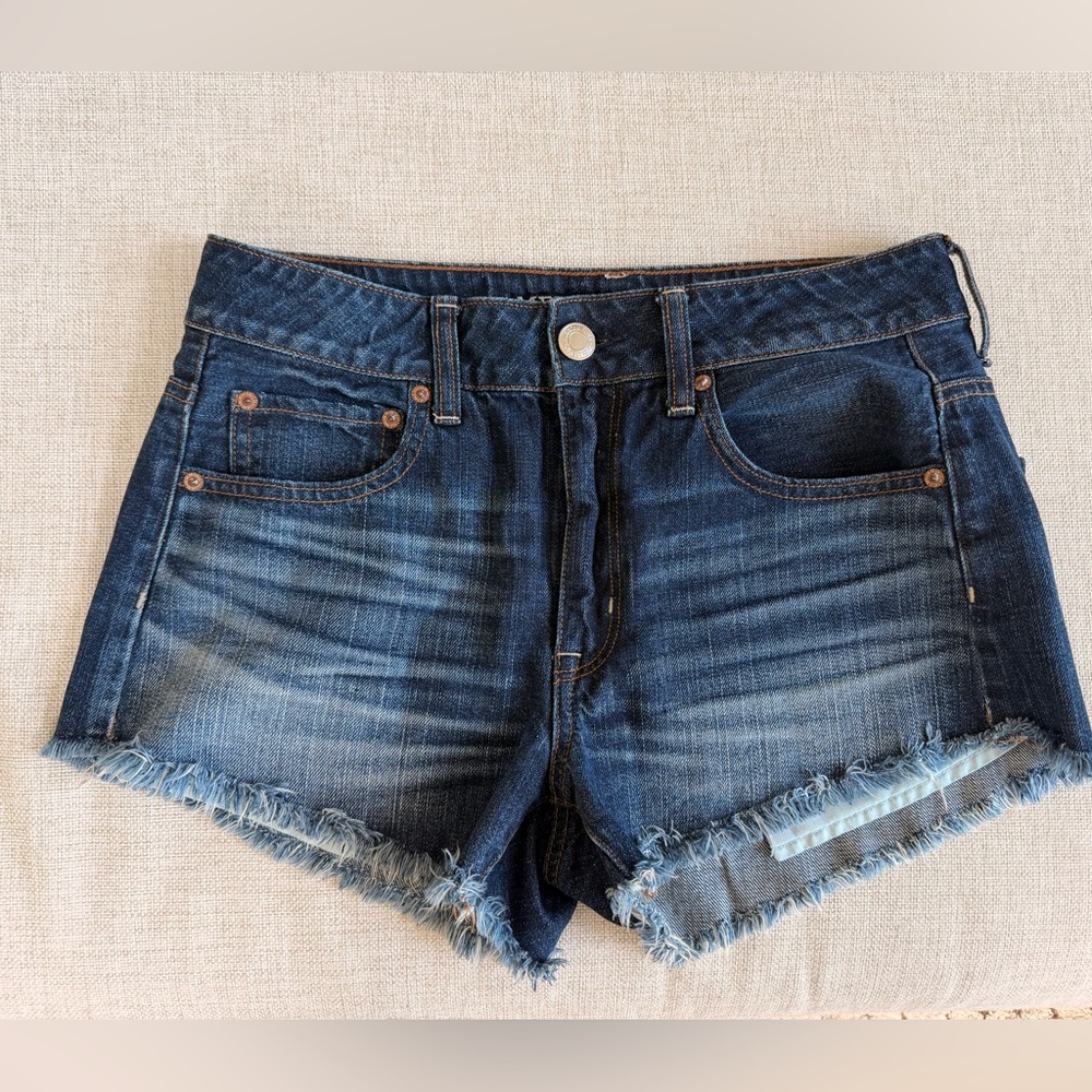 American Eagle Dark Blue Denim Frayed Hem Women’s Shorts